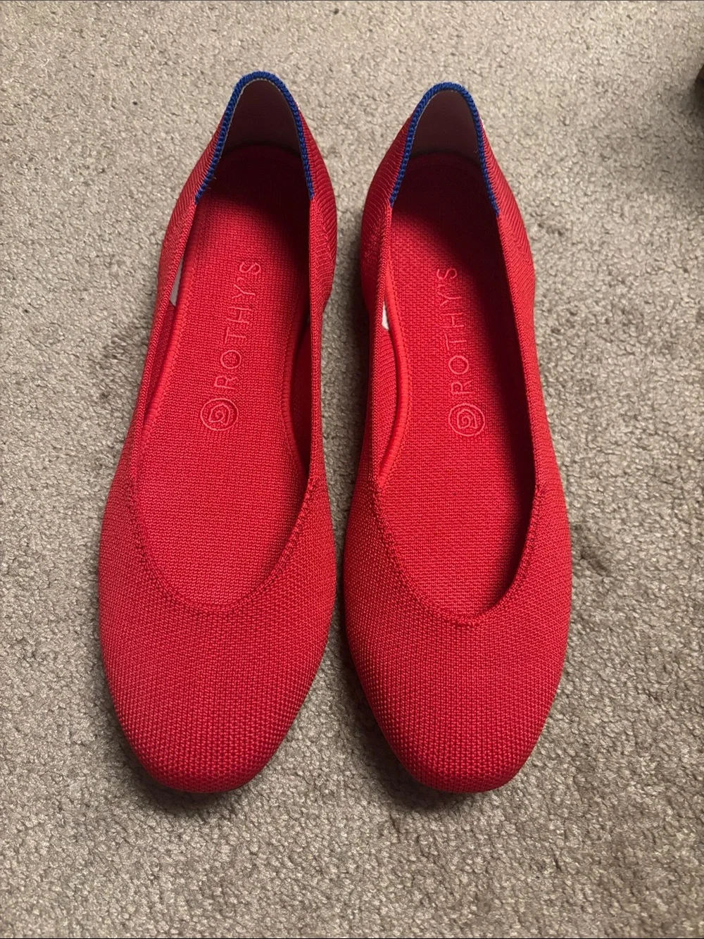 Rothy's Red Knit Ballet Flats with Multicolor Heel Stripe